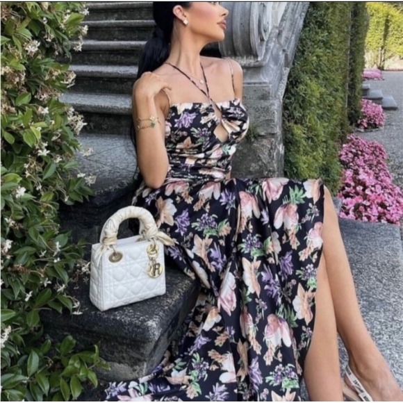 Nookie Simone Frill Maxi Dress XS Black Floral Asymmetrical Ruffle Revolve Gown
